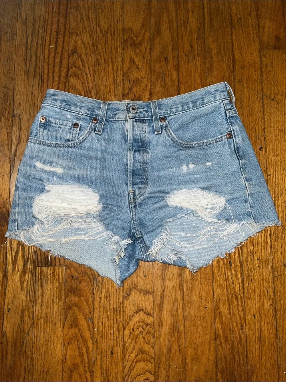 Levi’s 501 Denim Distressed  Women’s Button Fly Shorts - Light Blue Size 27